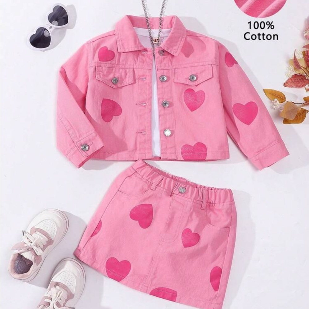 Pink Heart Print Jacket and Skirt Set